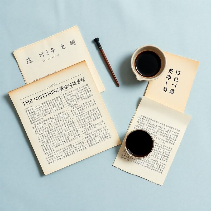 파란 리넨 위에 놓인 인쇄된 원고와 도자기 잉크 접시